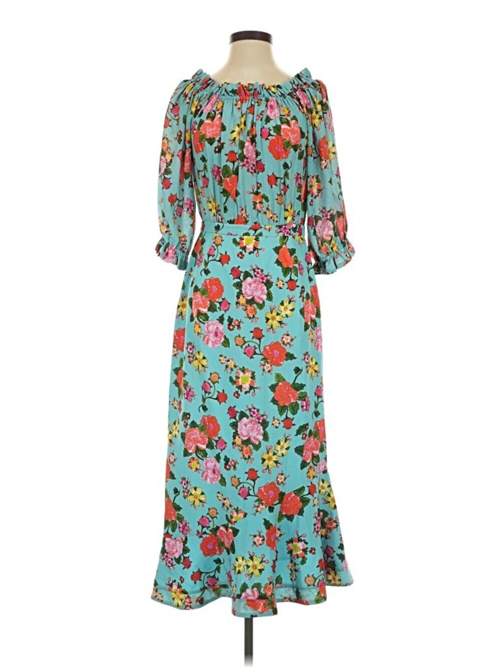 SALONI Grace silk midi dress featuring an aqua floral print, off-the-shoulder
